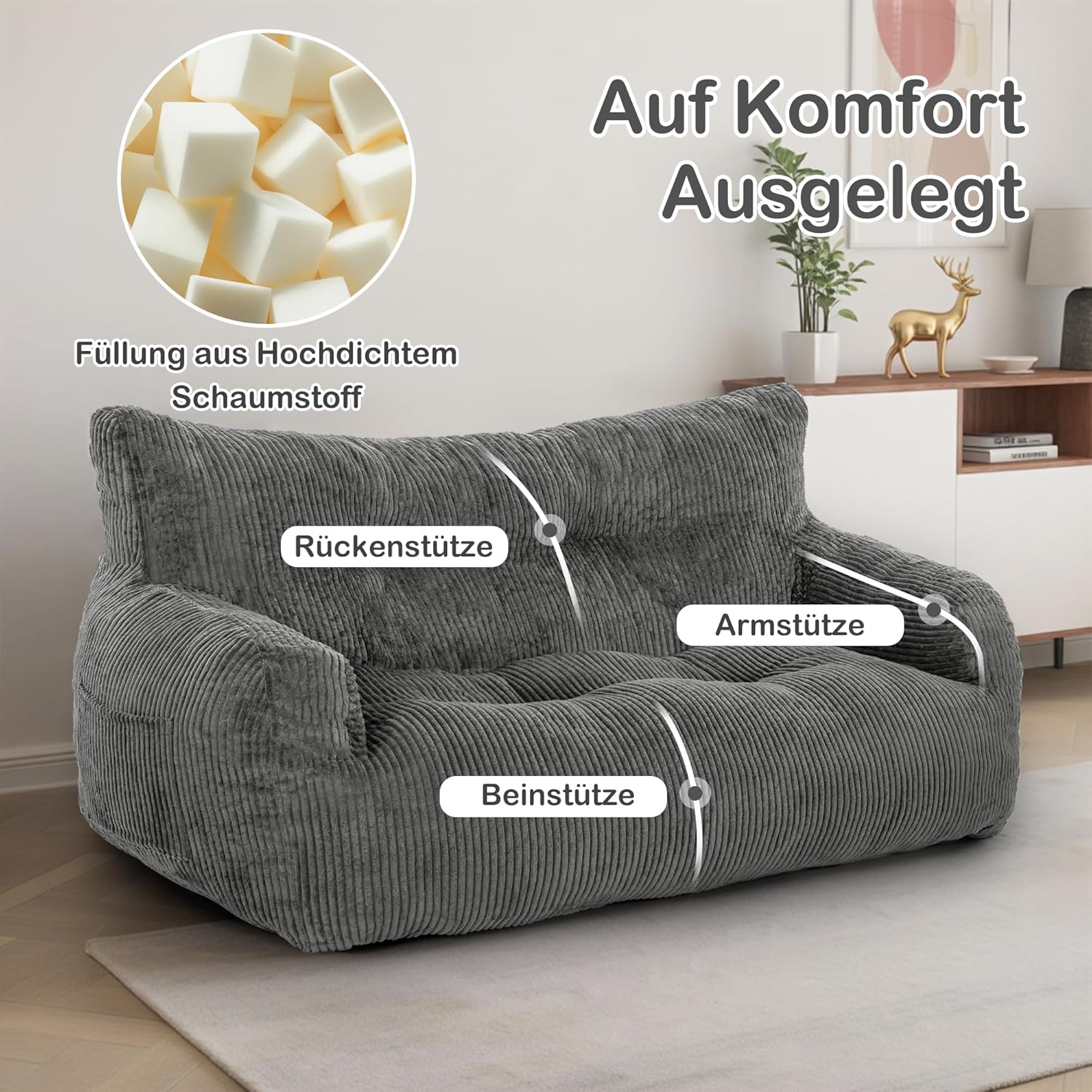 Pamapic Sitzsack, Sitzsack Erwachsene mit Füllung, Doppeltes Lounge Sessel mit Tragbarem Griff, Modernes Ergonomisches BeanBag, Indoor Sitzsäcke Stuhl für Wohnzimmer, Schlafzimmer, Spielzimmer, Grau