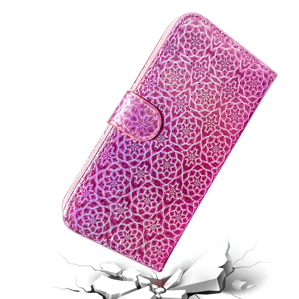 iPhone 13 Pro Leder Tasche Wallet mit Flower Laser Hologramm - Silber