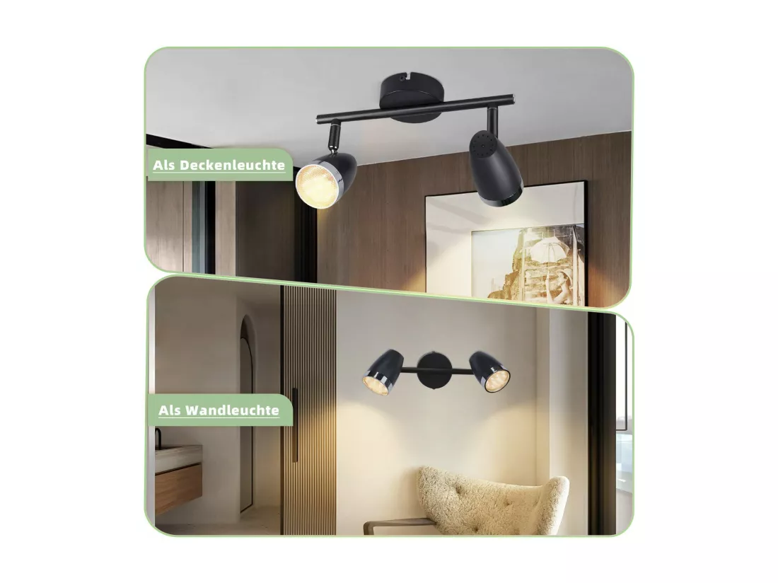 NETTLIFE Spot de plafond LED 2 ampoules moderne 4W noir 3000K orientable 350°