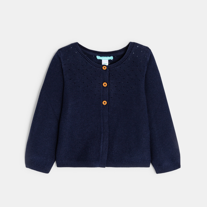 Gilet maille tricot effet pointelle bleu bébé fille