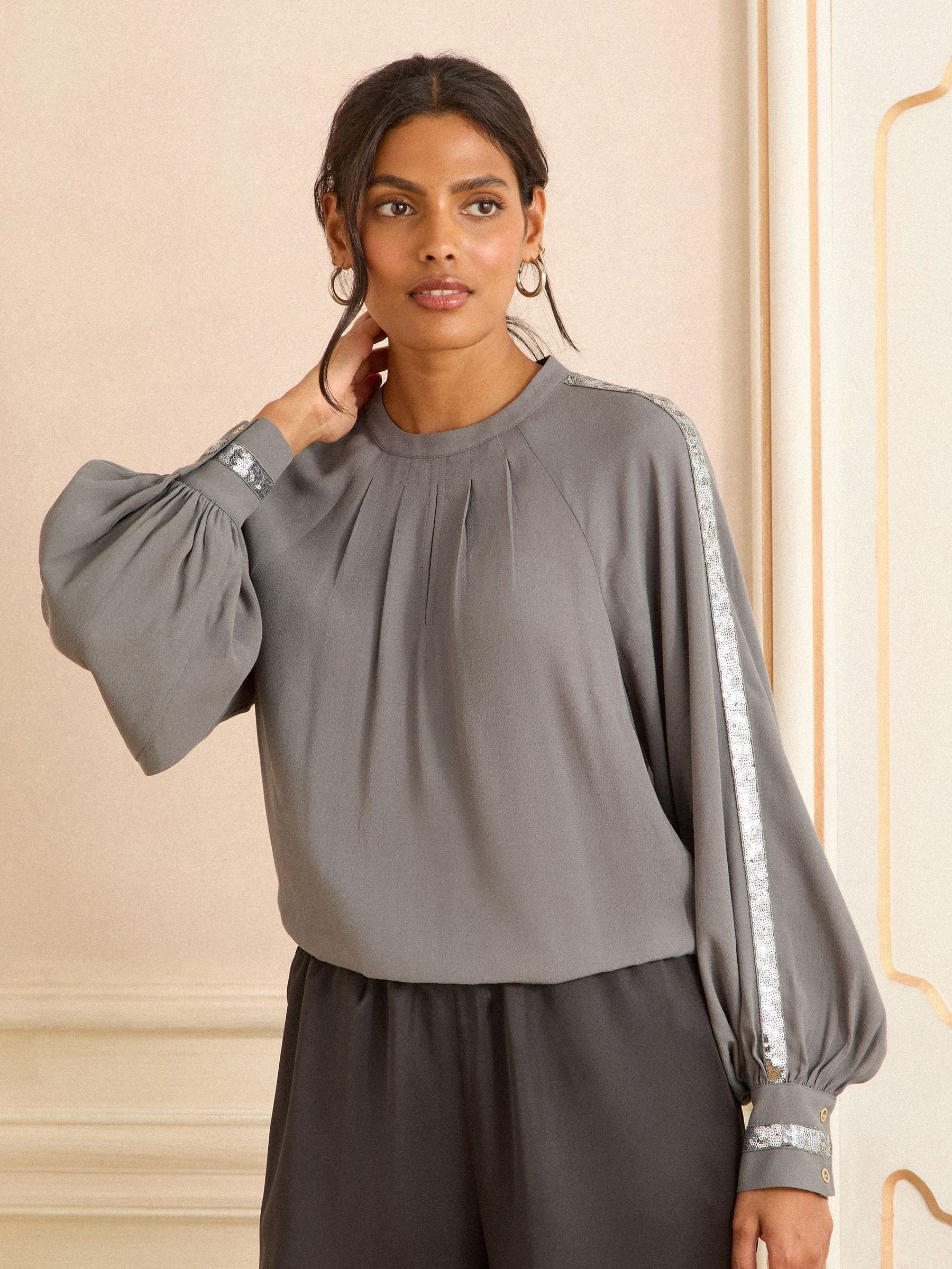 Grijs - Love & Roses Crew Neck Long Sleeve Sequin Trim Blouse