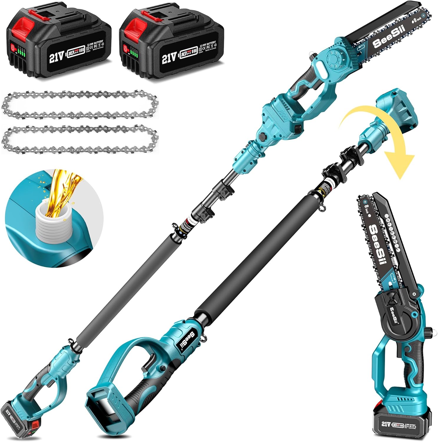 SEESII 2-in-1 Akku Astsäge & Mini Kettensäge mit 2×4000mAh Akkus, 8 Zoll Bürstenlose Kettensäge mit Teleskopstange, Ausziehbar bis 4,5m für Baumschnitt, Astschnitt und Gartenpflege