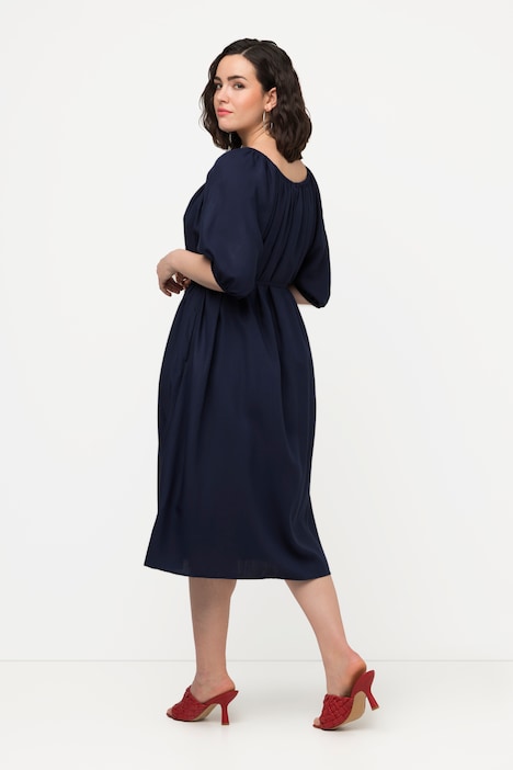 Midikleid, Bindegürtel, Rundhals, Ballon-Halbarm