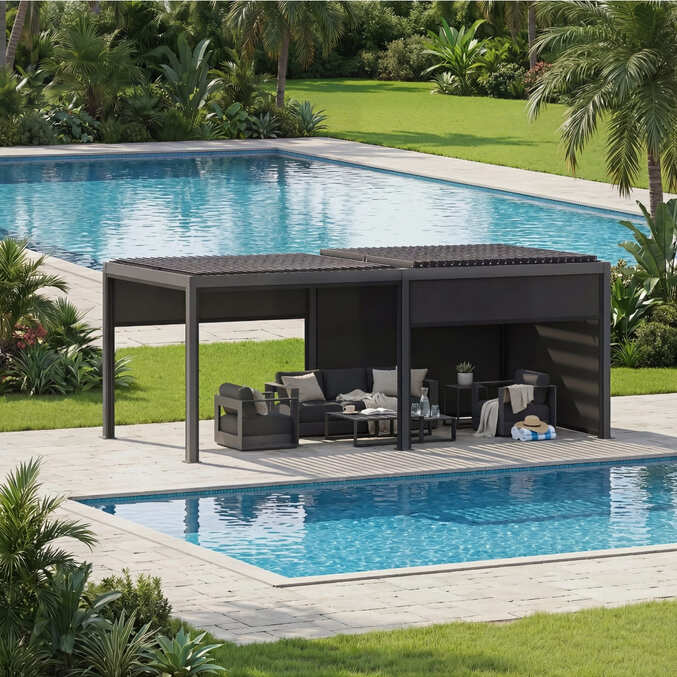 Ensemble pergola bioclimatique EVONIS avec 4 stores côtés longs