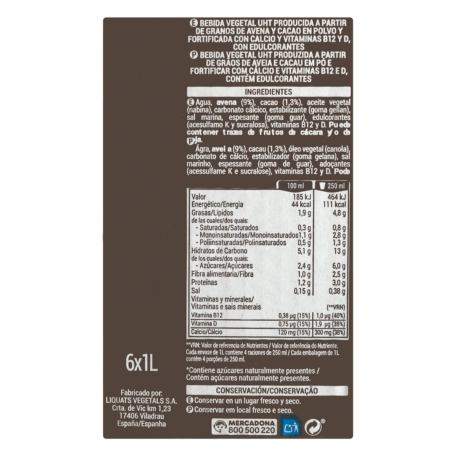 Boisson à l'avoine et au chocolat sans sucre Hacendado