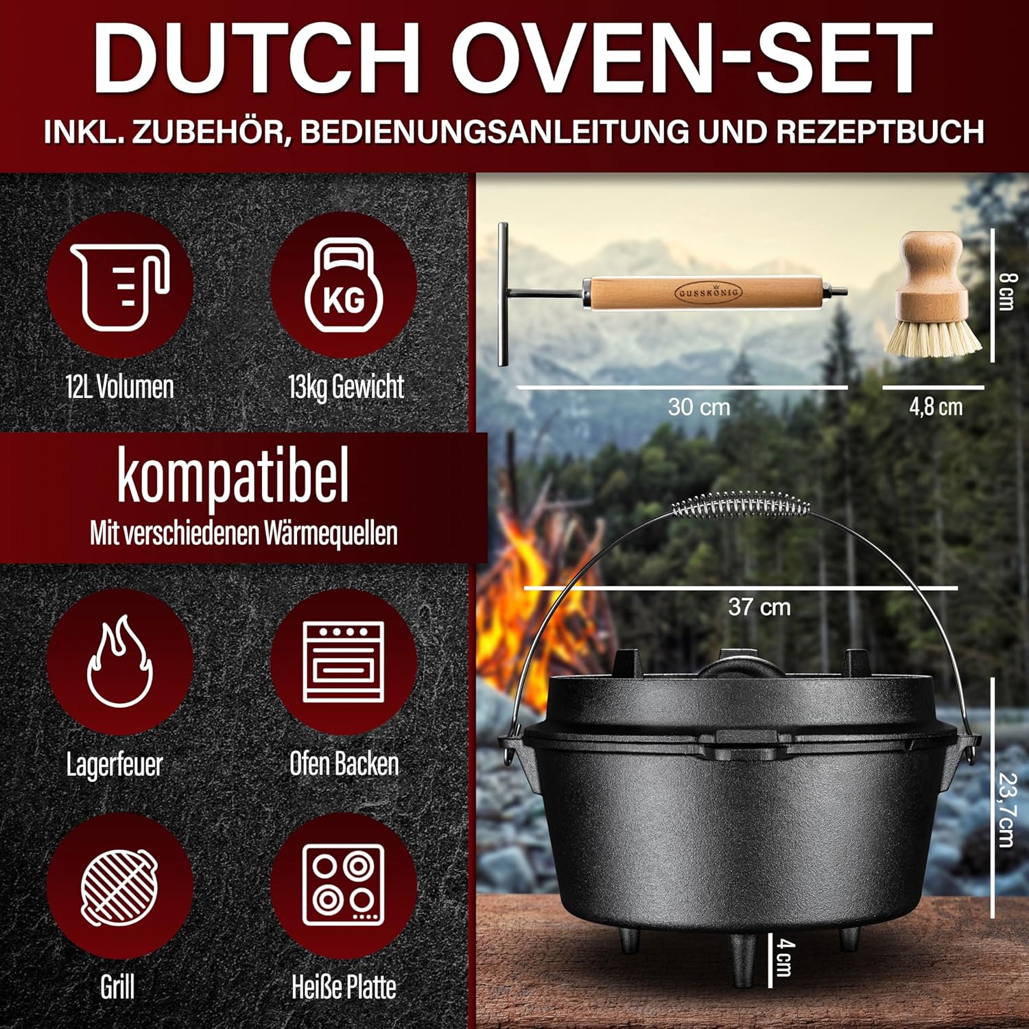 Dutch Oven Set - Eingebrannter Dutch Oven 12 Liter [10-16 Person]-Feuertopf Gusseisen mit Füßen-Schmortopf Doppelfunktion-2in1 Deckelheber, Bürste & DutchOven Rezeptbuch-30 Jahre Garantie