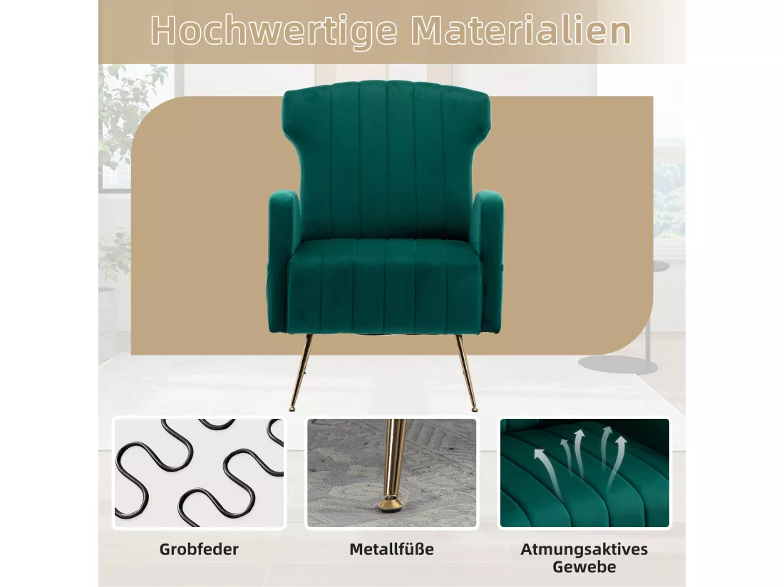Chaise Décorative En Velours，pieds Métalliques Dorés，fauteuil Confortable，haut Dossier