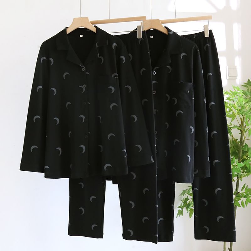 Somnus - Koppel bijpassende pyjamaset: lange mouwen, reverskraag, maanprint, knoopjestop + broek (verschillende ontwerpen)