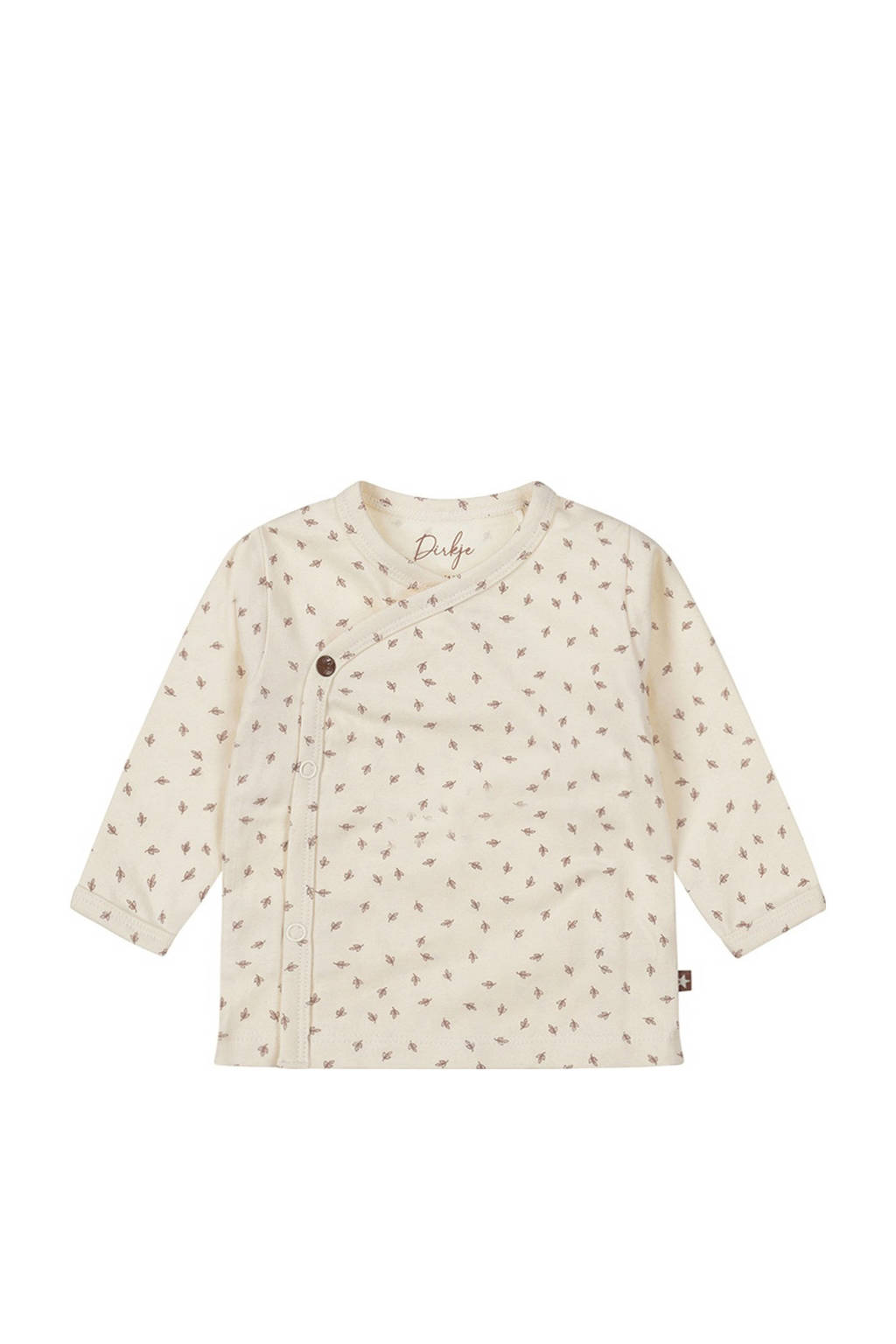 Dirkje baby longsleeve met all over print en overslag detail ecru/bruin