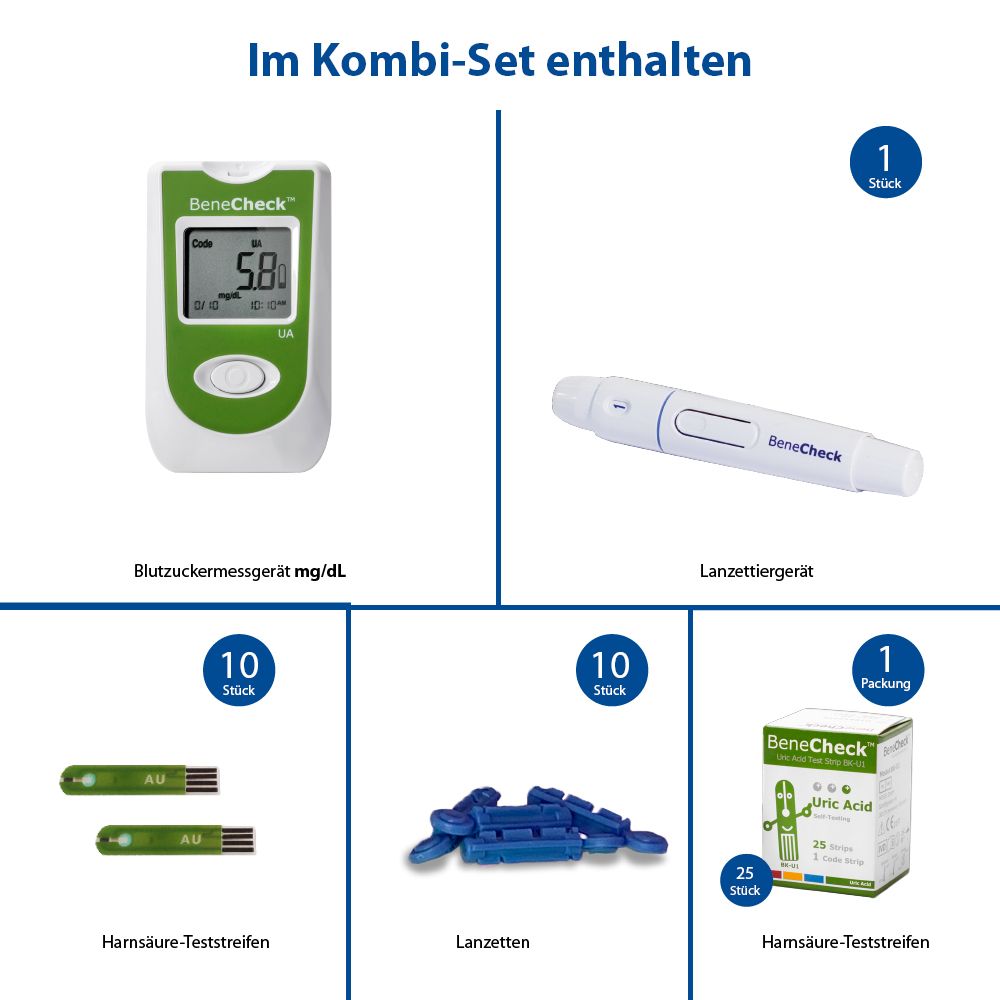 BeneCheck Harnsäure-Messgerät Premium- Kombi Set mit Teststreifen