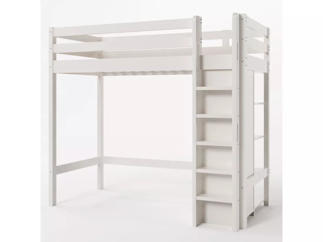 Lit mezzanine 90 x 200 cm avec armoire et 6 étagères - bois massif + MDF - blanc