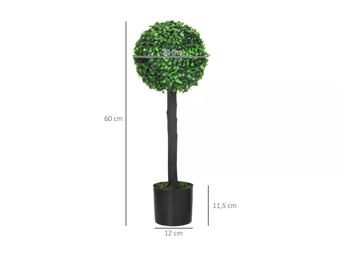 Lot de 2 buis artificiels topiaires artificielles en forme de boule dim. Ø 20 x 60H cm pots inclus