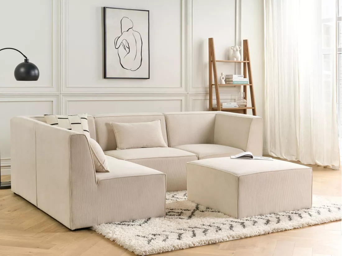 Canapé d'angle côté droit modulable 4 places en velours côtelé beige avec ottoman LEMVIG