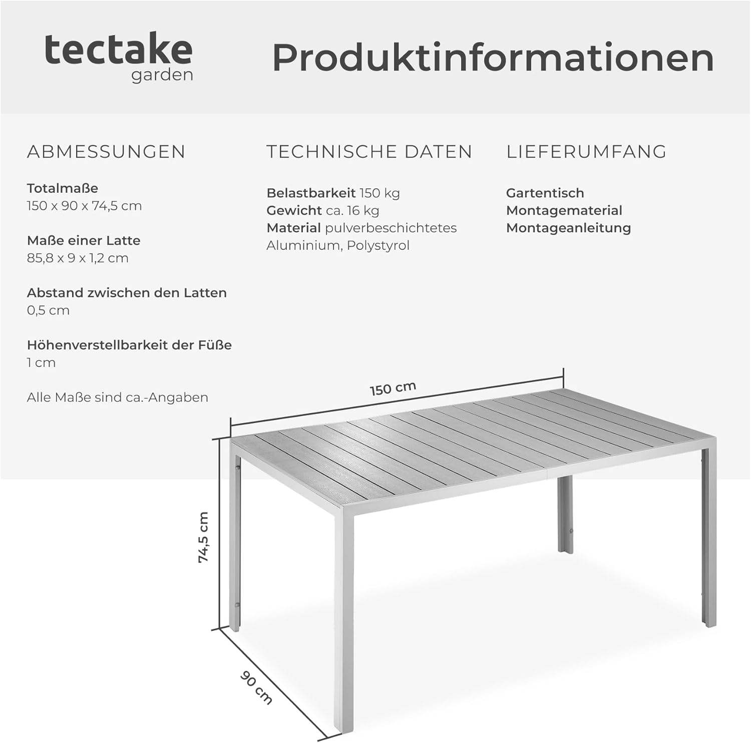 tectake® Gartentisch, Outdoor Esstisch, Balkontisch in Holz Optik, Terrassentisch mit Aluminiumrahmen, Gartenmöbel wetterfest, 150 x 90 x 74,5 cm, Tisch für Garten, Lounge, Sitzgruppe - Silber/grau