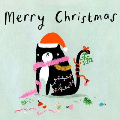 Black Cat Wrapped In Xmas Lights Card