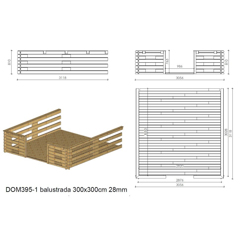 Abri de jardin en bois - 3x3 m - 18 m2 + terrasse avec balustrade et avant-toit en bois - traité