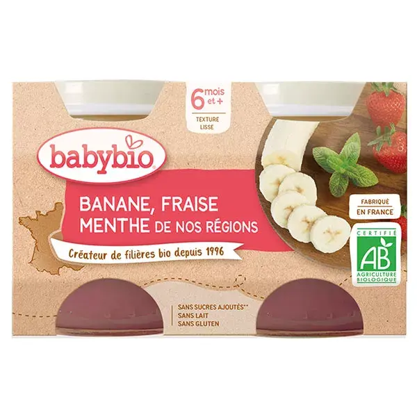 Babybio Frutas em Pote Banana Morango Hortelã +6m Orgânico 2 x 130g