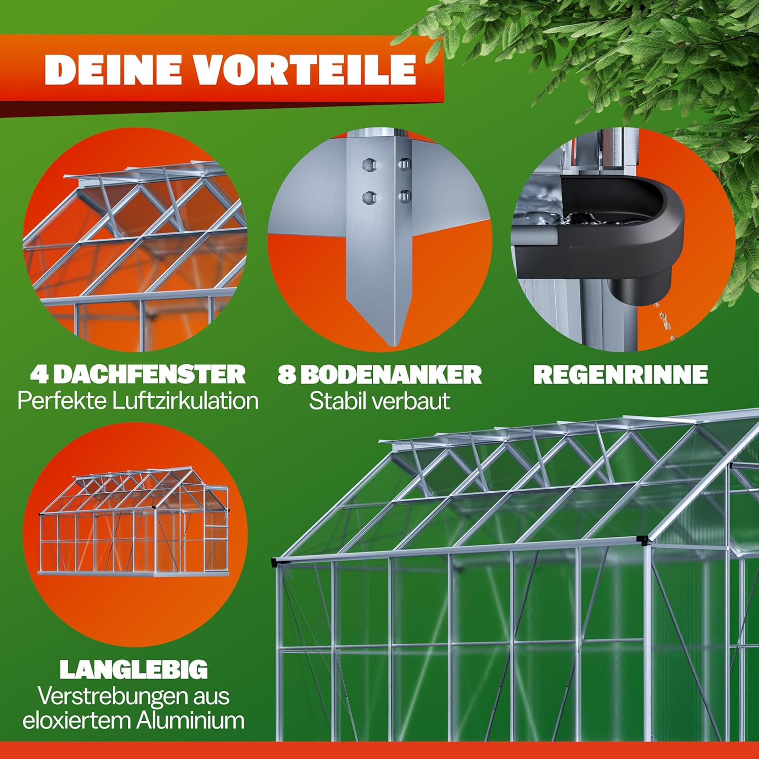 GARDEBRUK® Gewächshaus Aluminium 7,2m² mit Fundament 380x190cm inkl. 4 Dachfenster Tomatenhaus Treibhaus Anzuchthaus Garten Frühbeet Aufzucht 11,8m³