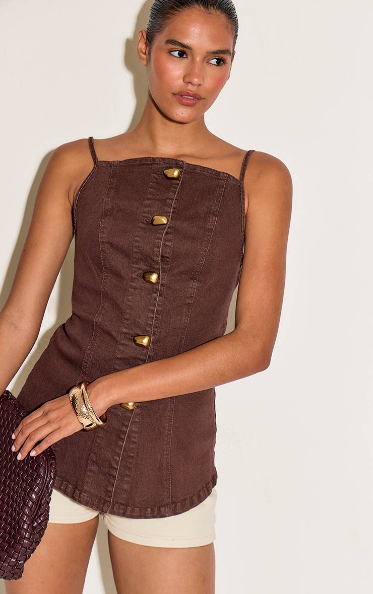 Chocolat Top Caraco En Denim À Détails De Coutures Et Boutons Dorés