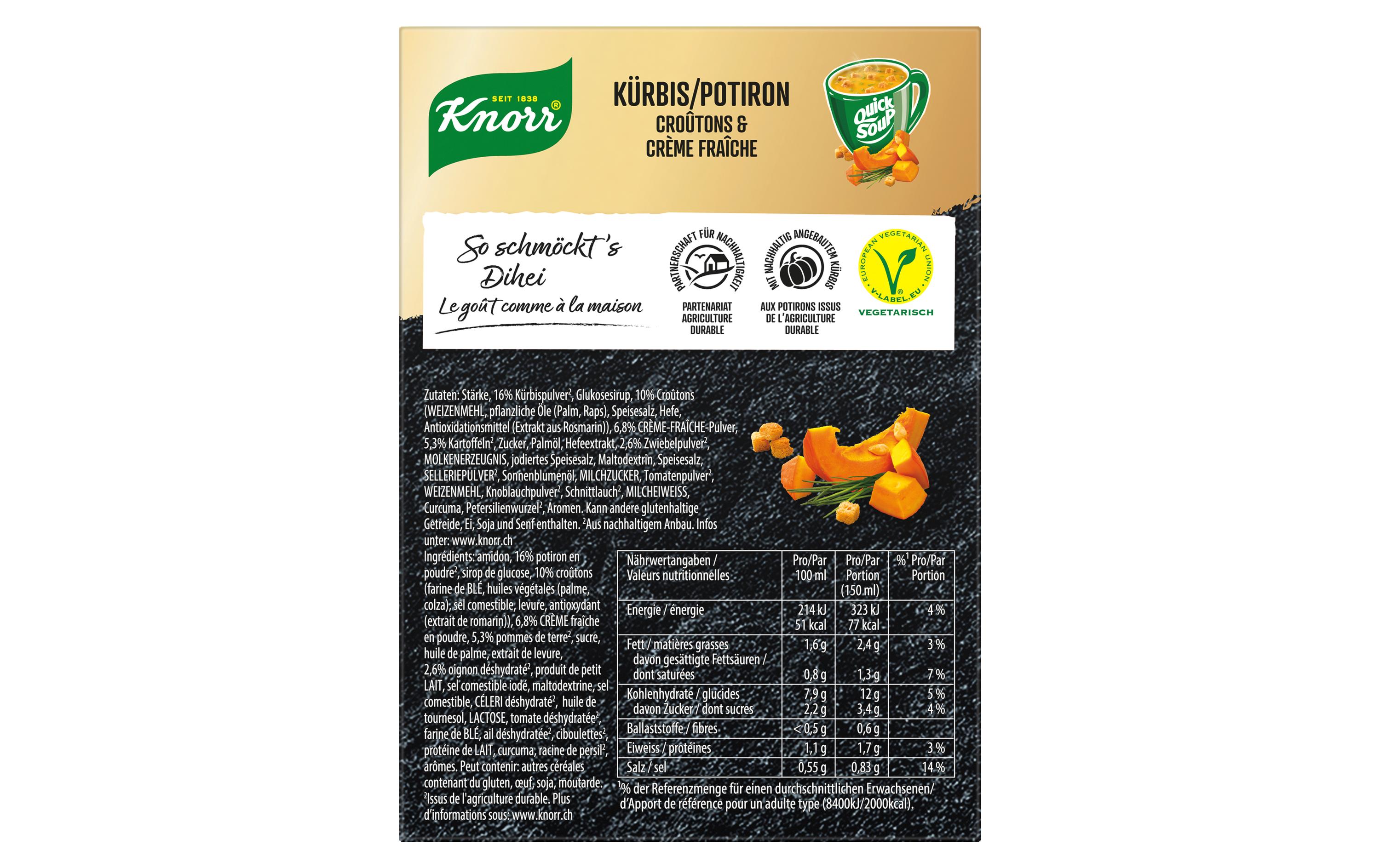 Quick Soup Kürbis, Croûtons und Crème Fraiche 3 PortionenKürbissuppe mit Croûtons und Crème fraîche