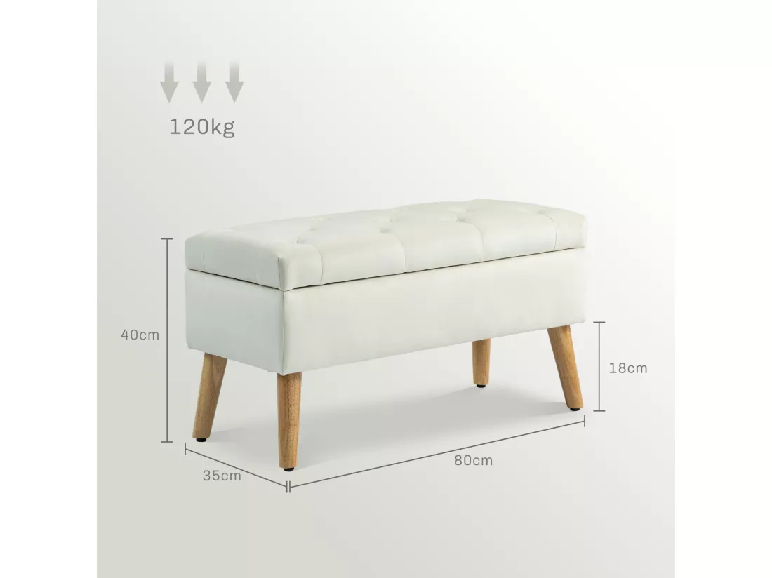 Banquette coffre design scandinave - piètement effilé bois assise effet capitonné velours crème