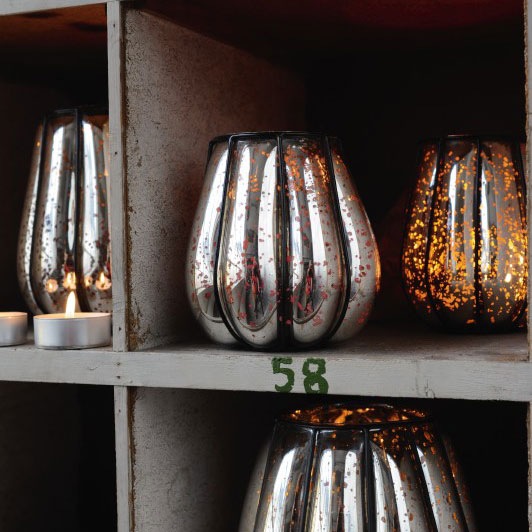 Windlicht 'Citrouille' mit Metallrahmen S, silber, Ø 14 cm, H 17 cm von fischer's lagerhaus
