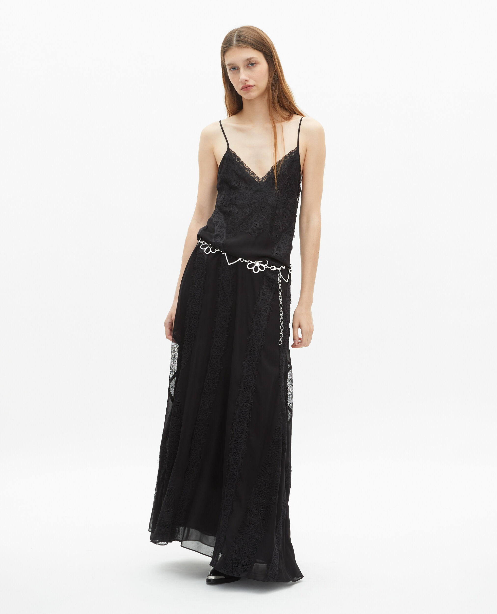 Robe longue à bretelles en dentelle noire