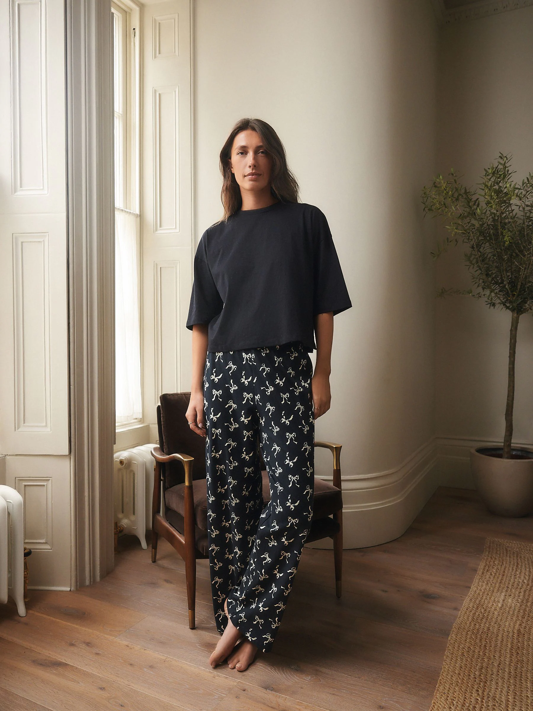 Zwart-witte strik - Katoenen pyjama met korte mouw