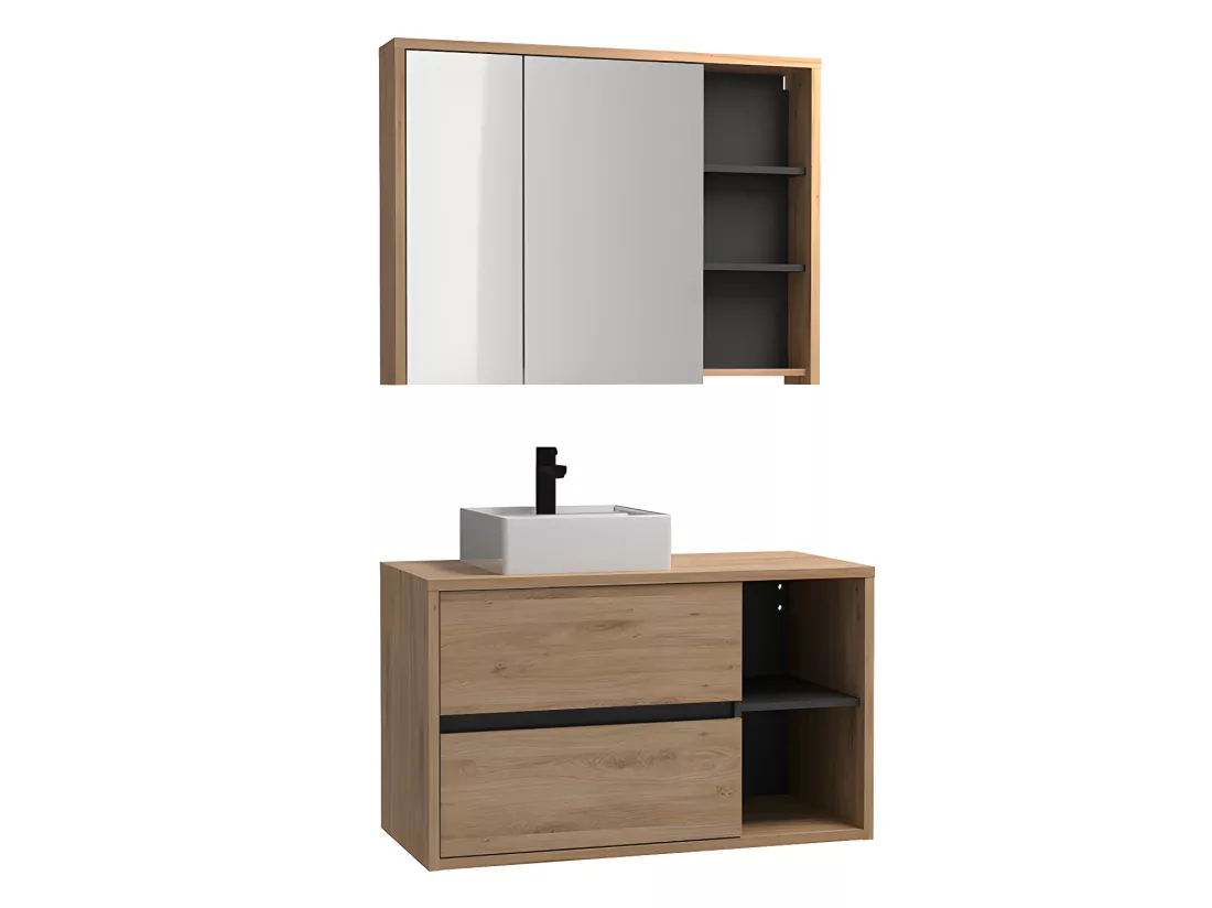 Meuble de salle de bain suspendu avec vasque carrée et armoire de toilette - coloris naturel - 100 cm - PURNAL