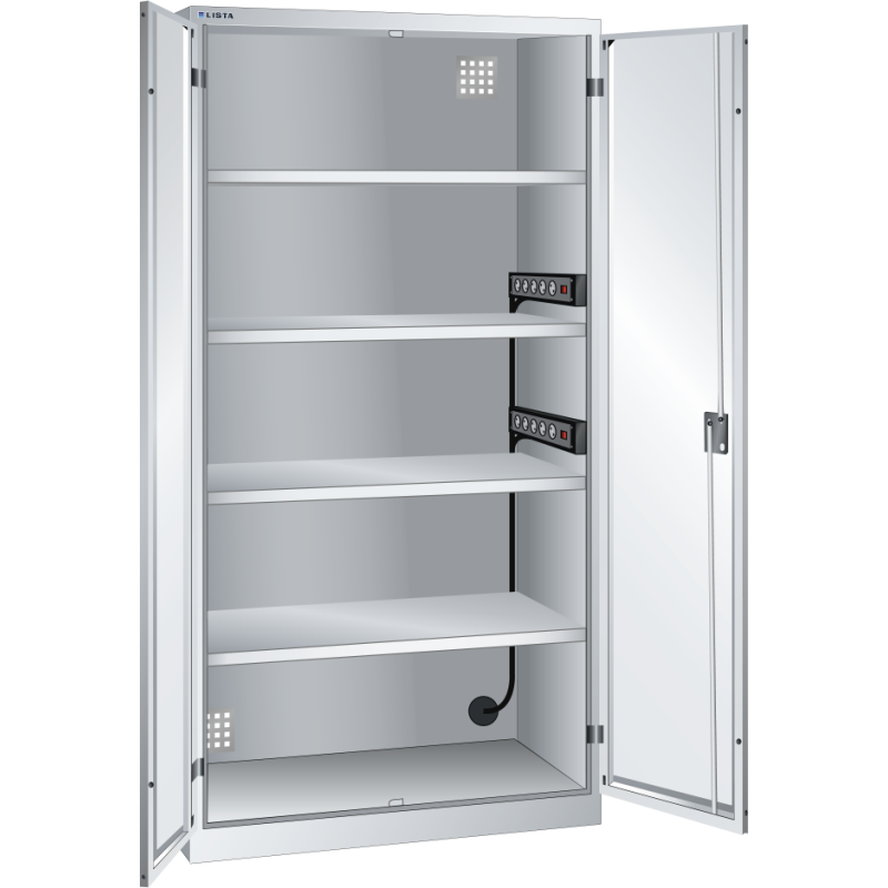 LISTA - Armoire charge batterie H 195 x L 100 x P 58 cm - 2 rampes électriques de 5 prises (230V) sur la paroi latérale
