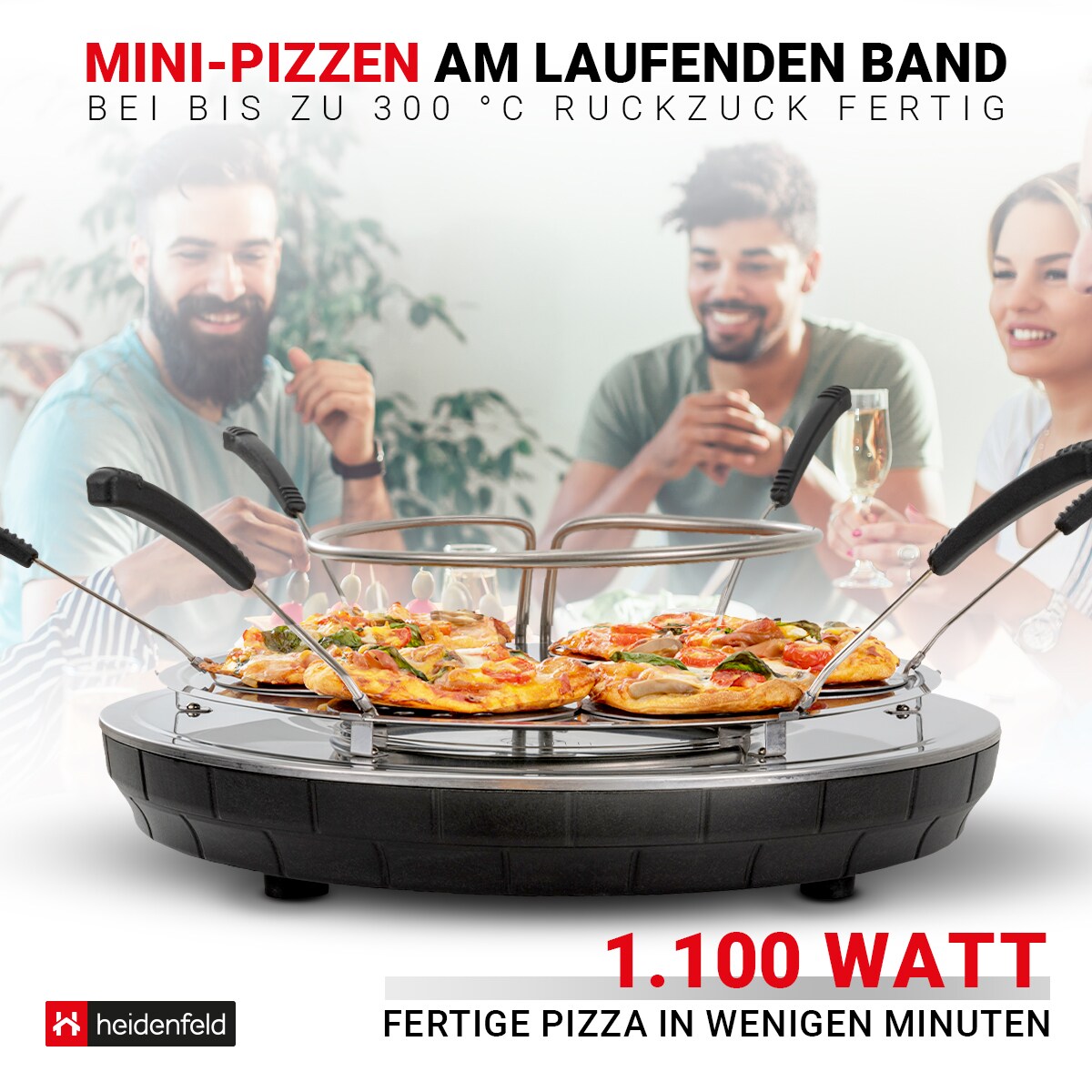 Heidenfeld Mini-Pizzaofen Pizzachef, Pizzadom für 6 Personen, Terrakotta-Kuppel, 1.100 Watt