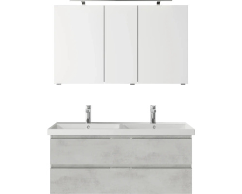 3-delige badkamermeubelset Pelipal serie 4035 BxHxD 120 x 200 x 45 cm, fronten grijs, met witte keramische wastafel en keramische dubbele wastafel, badmeubel, spiegelkast met LED-verlichting 40351200121030