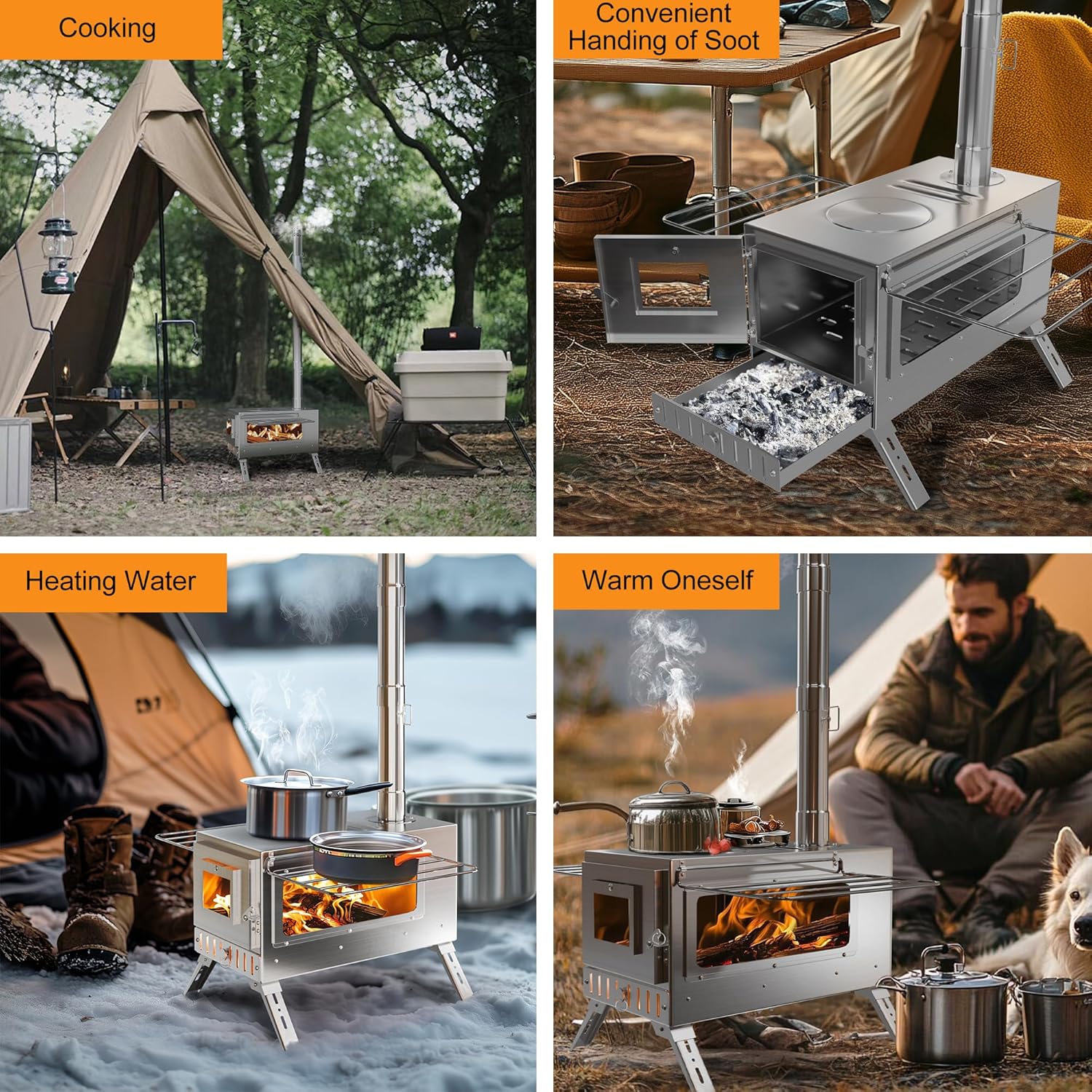 unho Zeltofen Gartenofen Tragbarer Holzofen, Campingherde Edelstahl Holzkocher mit 7 Rohren, Ideal für Camping im Zelt, Outdoor-Kochen und Gartenaktivitäten, 31 x 40 x 211 cm