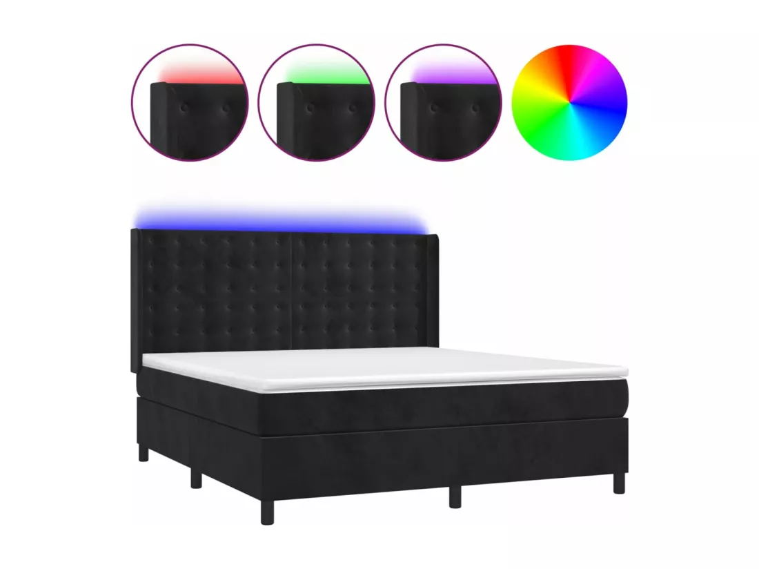 Sommier tapissier avec matelas et LED Noir 180x200 cm Velours