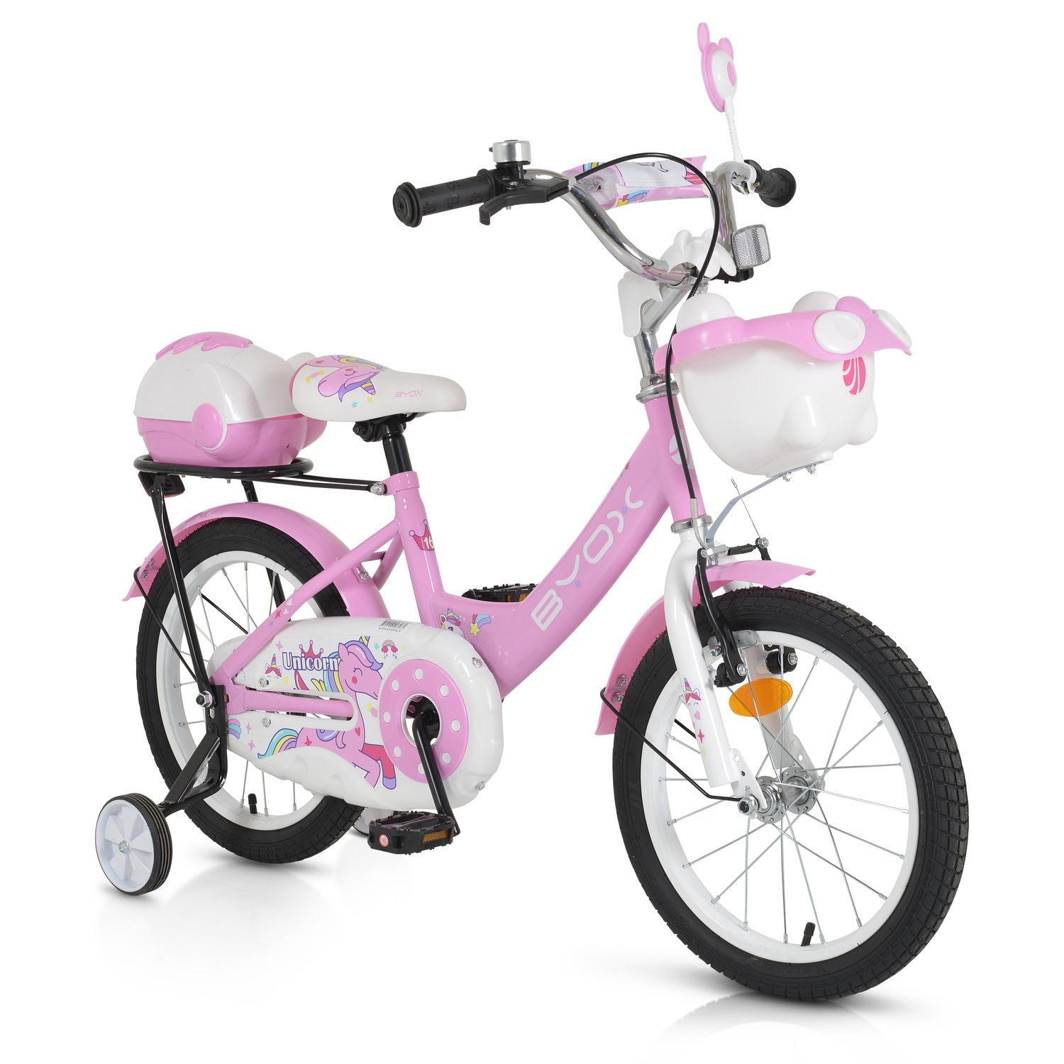 Byox Kinderfahrrad 16 Zoll 1602, Stützräder, höhenverstellbar, Klingel, Körbe rosa