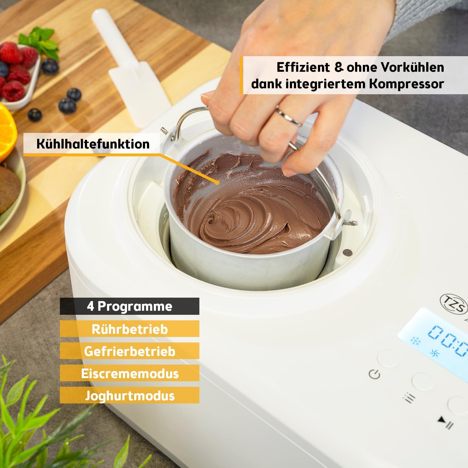 TZS First Austria - Eismaschine 1L mit Kompressor 3 in 1 - Ice Cream Maker 100W selbstkühlend für Frozen Joghurt, Sorbet & Eiscreme - Kleine Speiseeismaschine inkl. Messbecher & Spatel - weiß