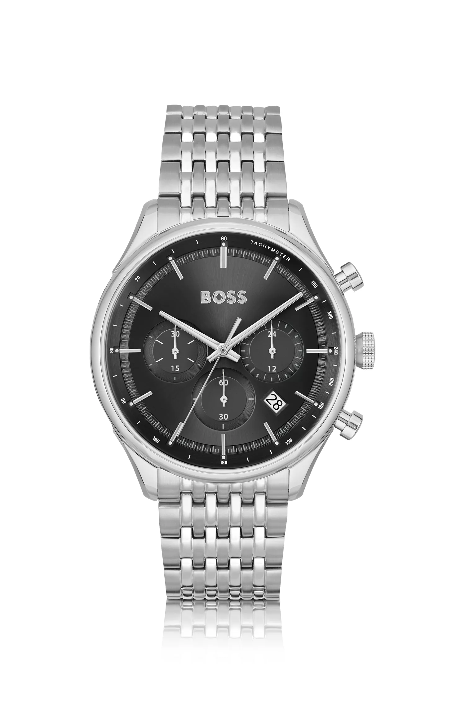 Relógio cronógrafo BOSS com mostrador preto e pulseira de múltiplos elos.