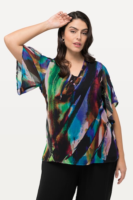 Blusenshirt, A-Linie, V-Ausschnitt, Chiffon-3/4-Arm