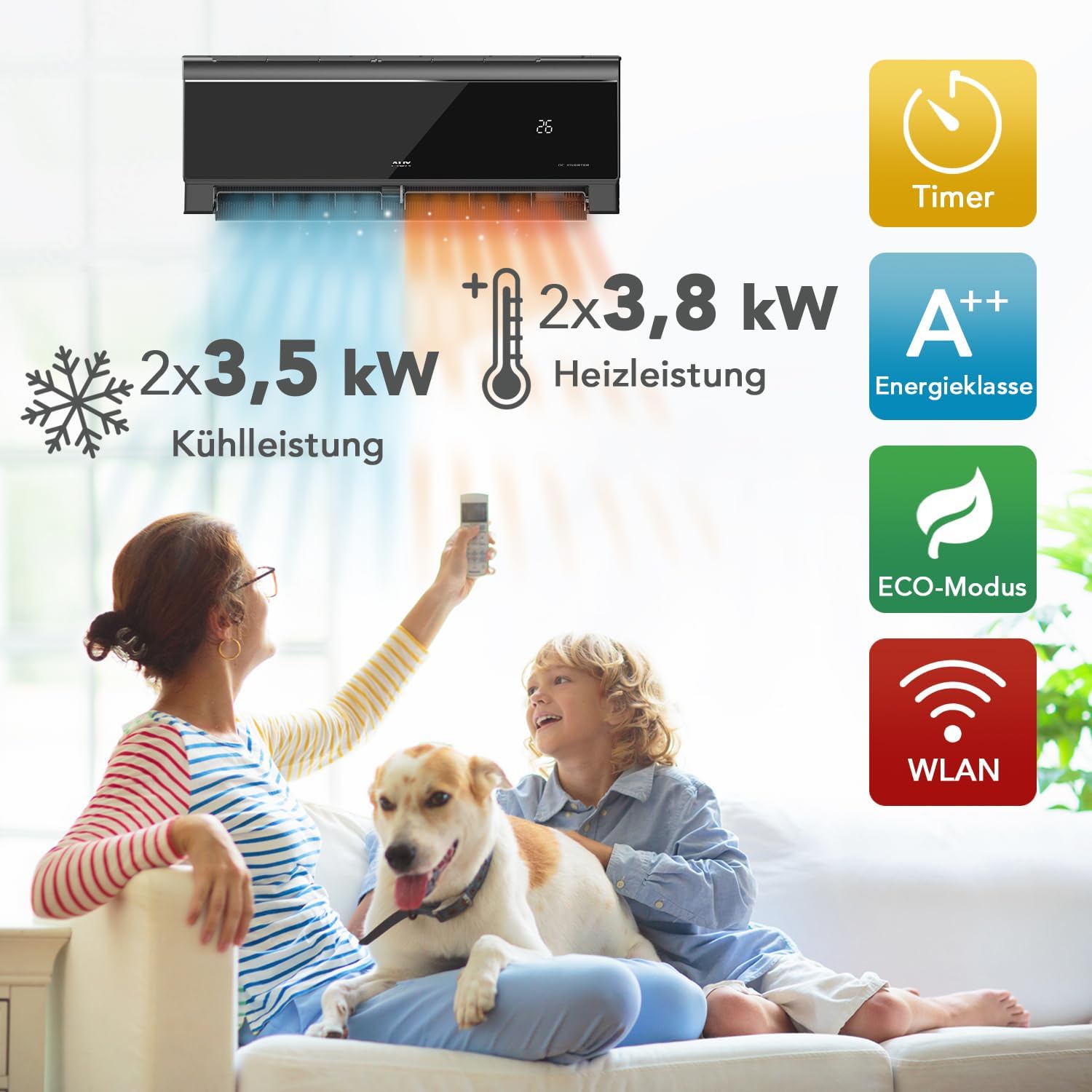AUX Multi Split Klimaanlage Set 27000 BTU (7,9 kW) Außengerät + 2x 12000 BTU (je 3,5 kW) Wandgerät WLAN R32 Hochglanz Schwarz