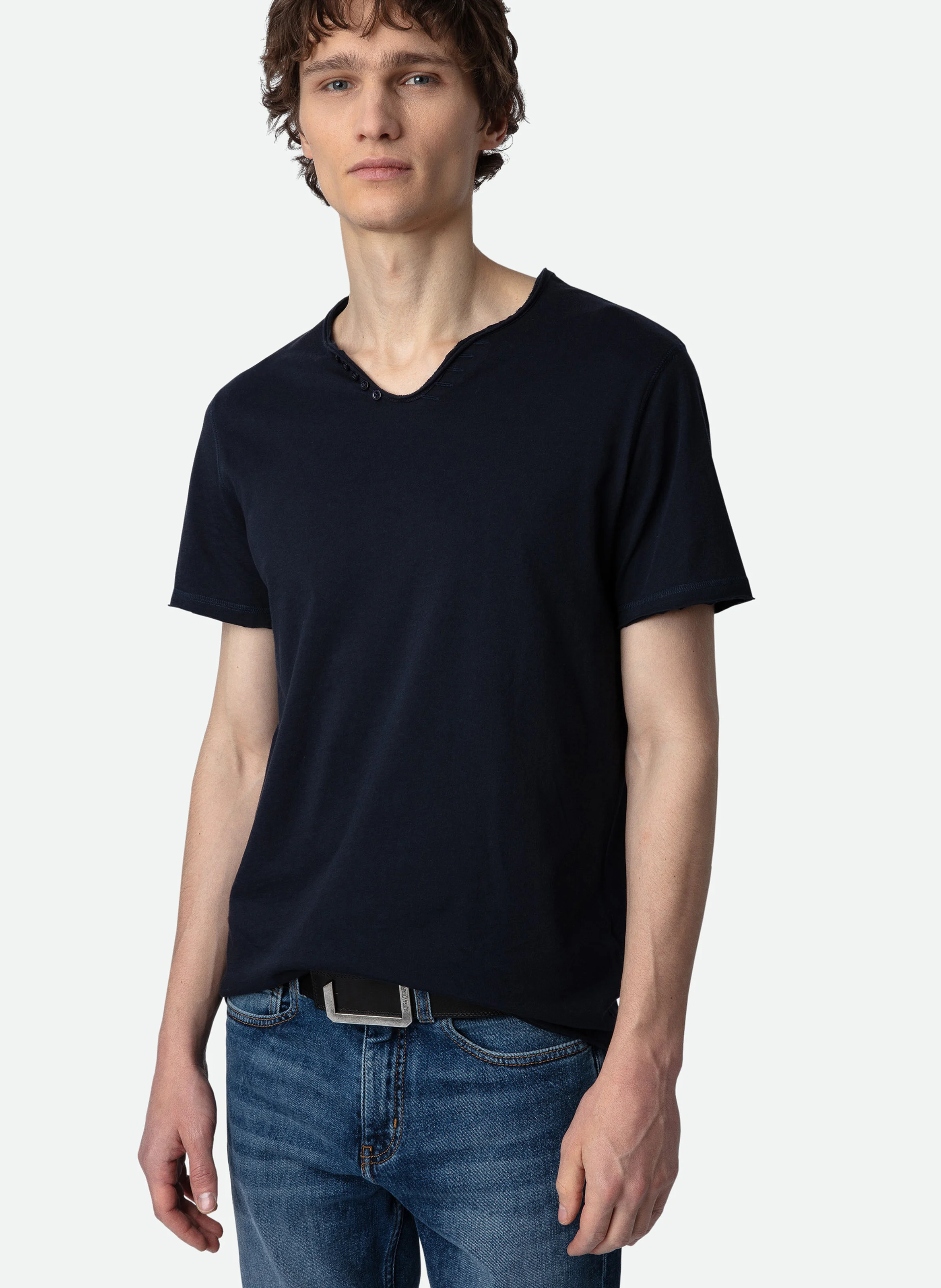 MONASTIR - Tee-shirt col tunisien regular-fit en coton | Bleu