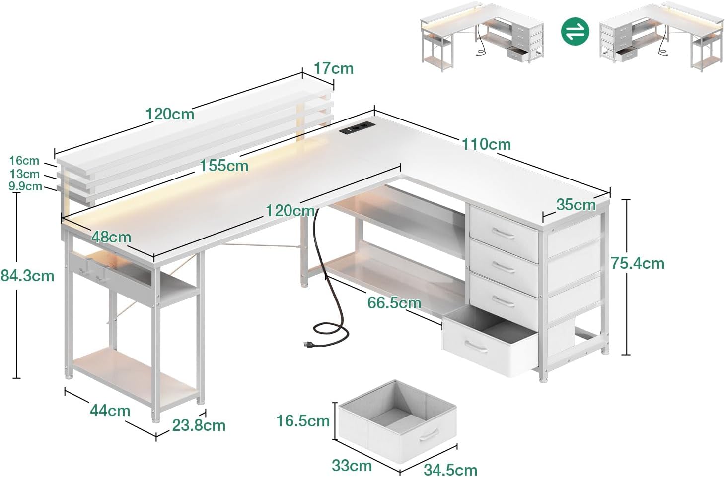 ODK Schreibtisch mit Schubladen, Reversible Eckschreibtisch mit 2 Steckdosen und 2 USB Ladeanschluss, Bürotisch L Form mit LED für Home Office 155×110cm (Alles Weiß)