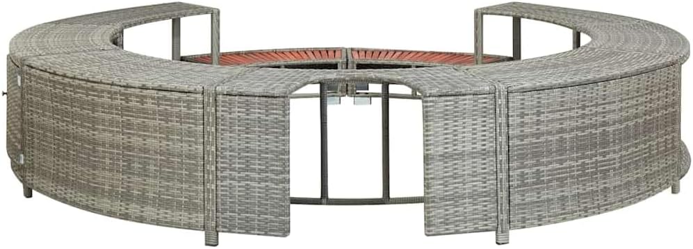 vidaXL Whirlpool Umrandung mit Stauraum Rund Poolumrandung Poolverkleidung für Spa Grau Poly Rattan Stahlrahmen Eukalyptus-Hartholz