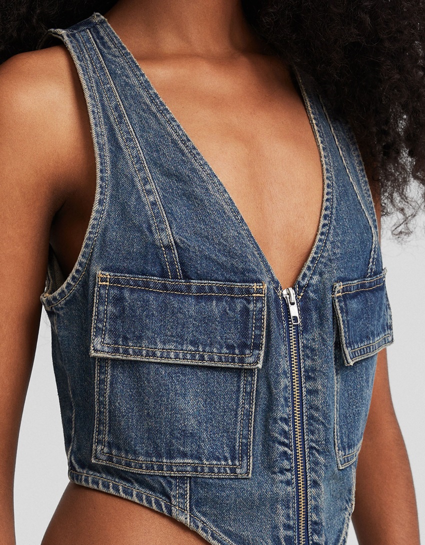 Colete jeans com zíper