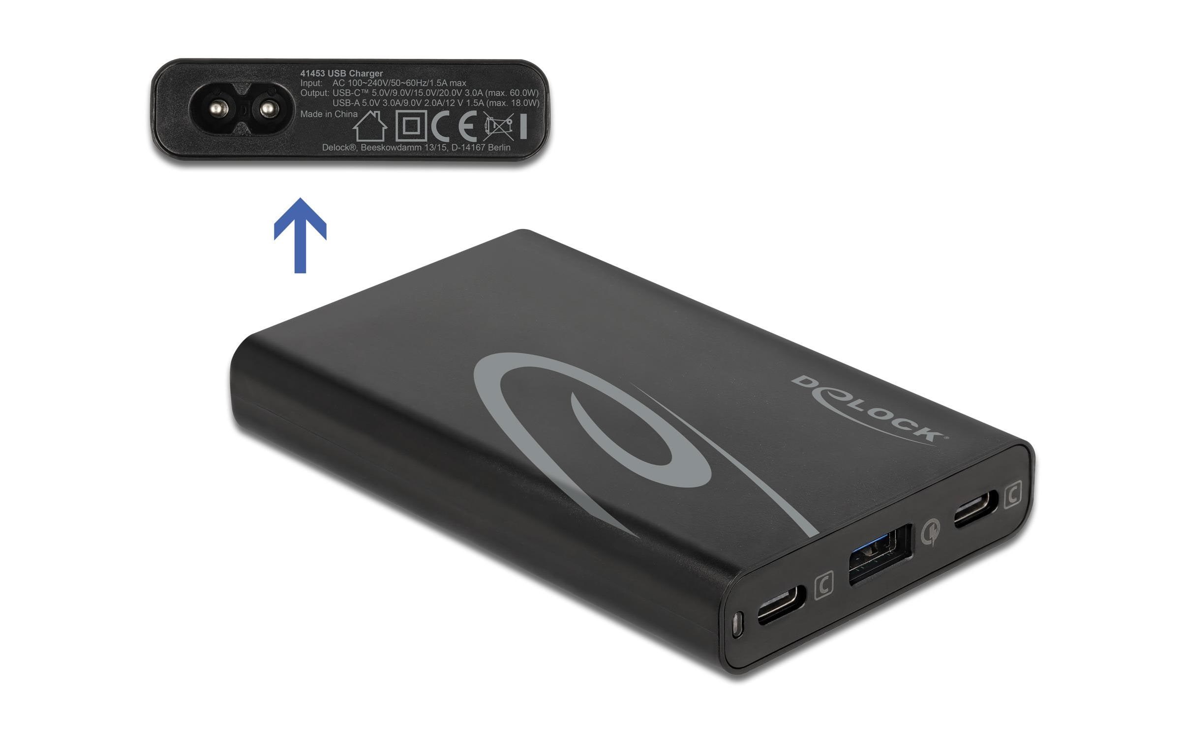 USB-Wandladegerät 2x USB-C Power Delivery, 1x USB-A, 60WDelock USB Ladegerät 2 x USB Type-C PD 3.0 + 1 x USB Typ-A mit 60 W