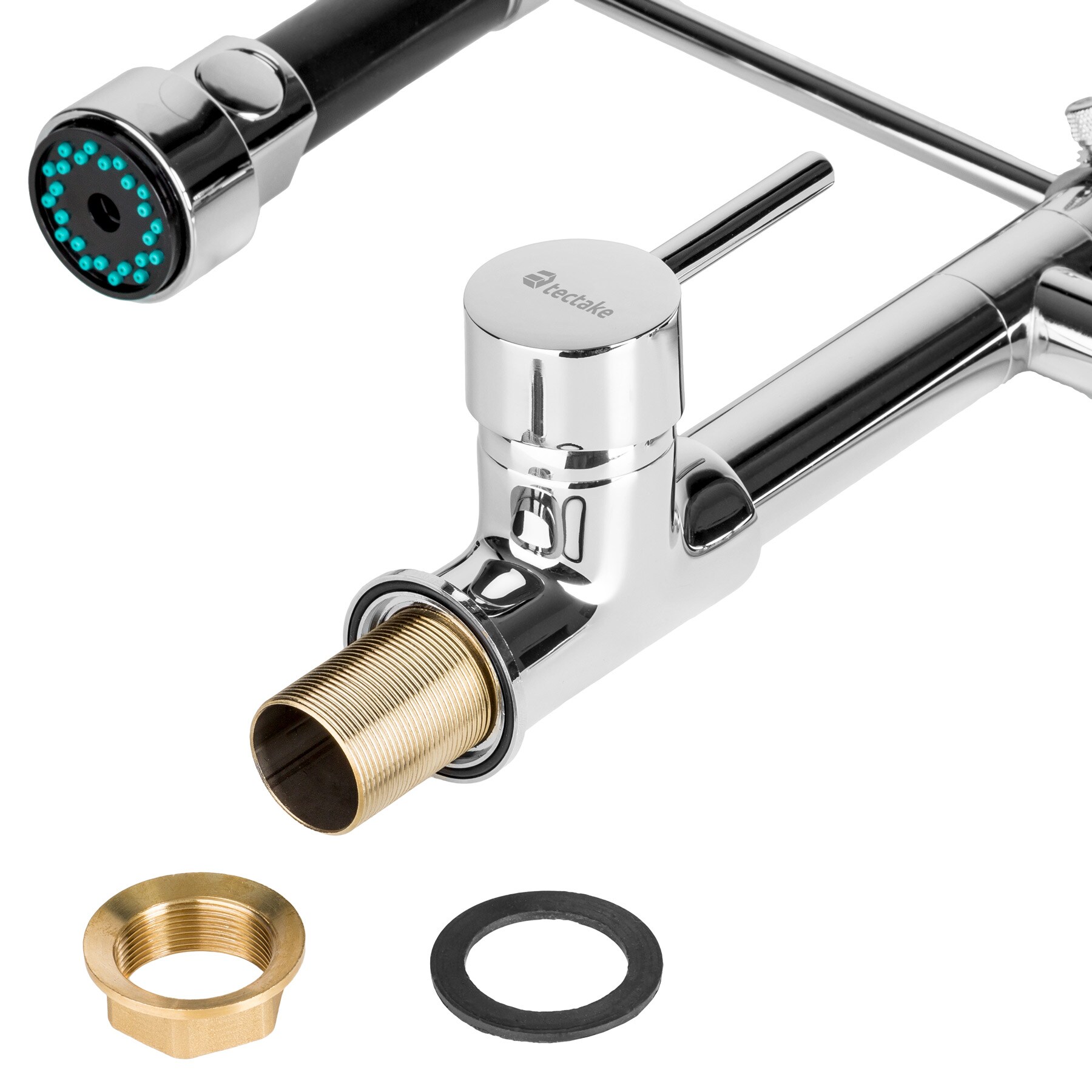 tectake® Küchenarmatur, Hochdruck, 360° drehbar, Wasserhahn, Spiralfeder mit ausziehbarer Brause, inklusive 2 Anschlussschläuche