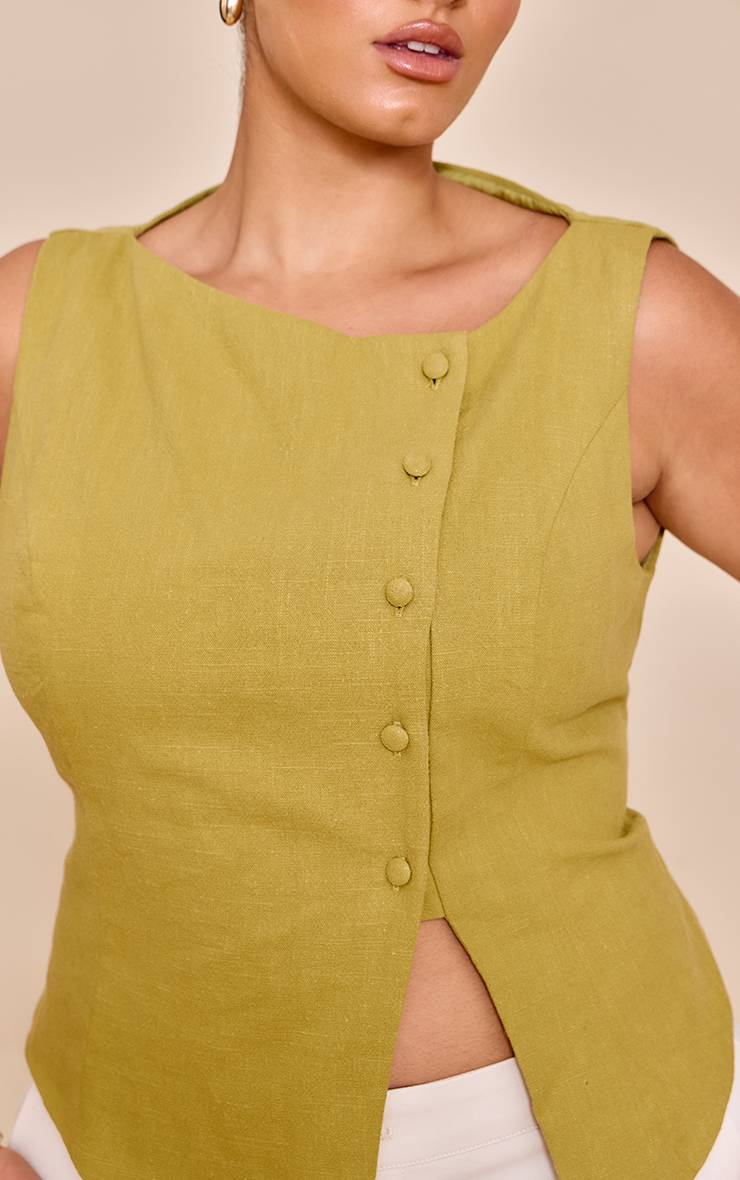 Vert Olive Gilet Sans Manches Grande Taille En Lin Premium Olive Asymétrique Avec Boutons
