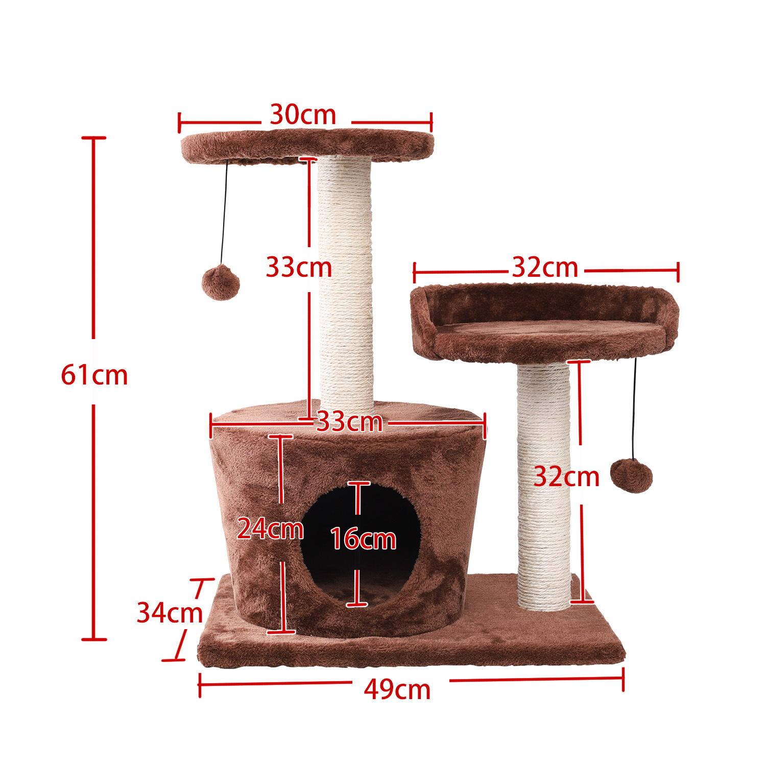 Nobleza - Arranhador para gatos com duas plataformas, caverna e brinquedos pendurados. Marrom, 60 cm.