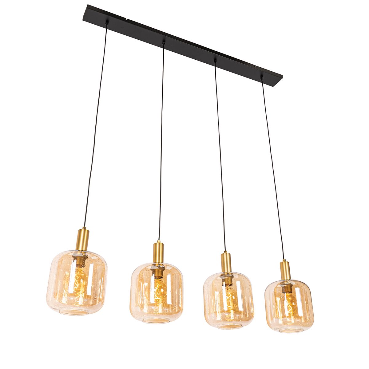Smart hanglamp zwart met messing en amber glas 4-lichts incl. 4 Wifi G95 - Zuzanna