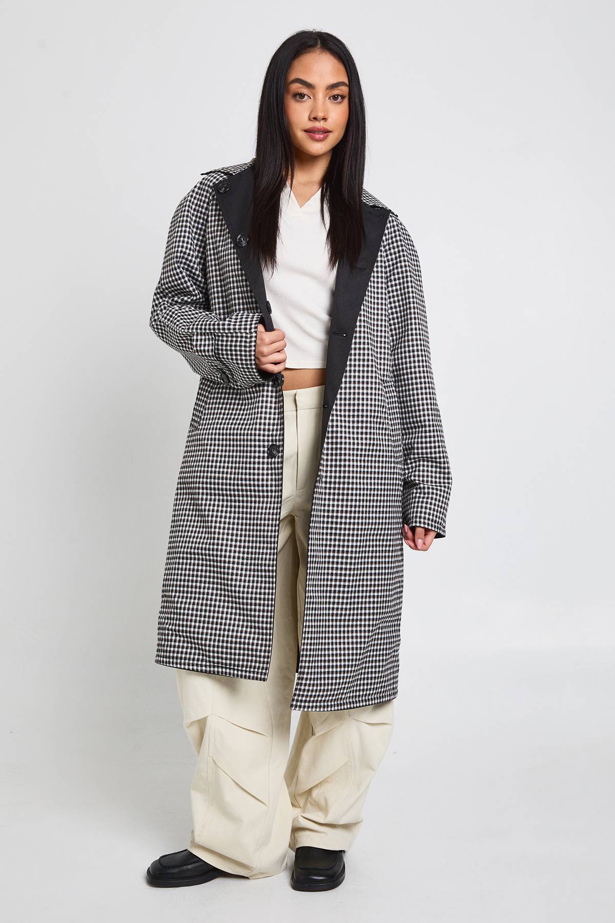 boohoo Veste Trench Midi Réversible Oversize À Carreaux