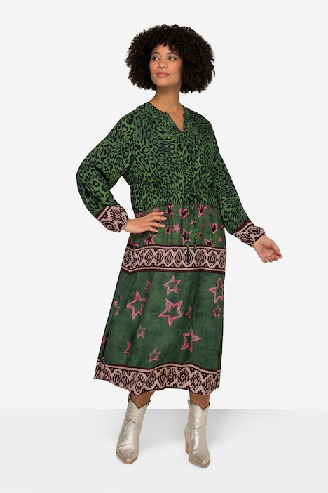 Midikleid, Mustermix, V-Ausschnitt, Langarm